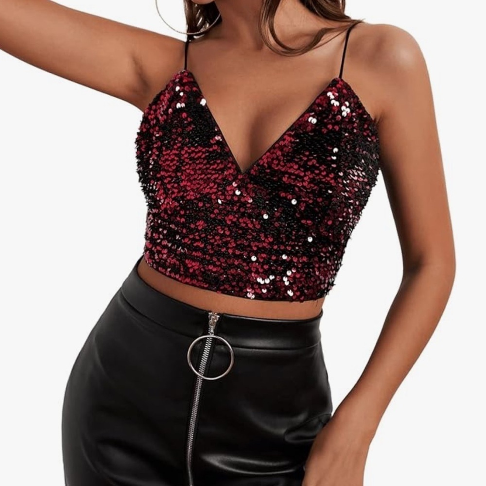 SweatyRock Women’s Red Sequins Spaghetti Strap V Neck Top Brand New - Picture 6 of 7